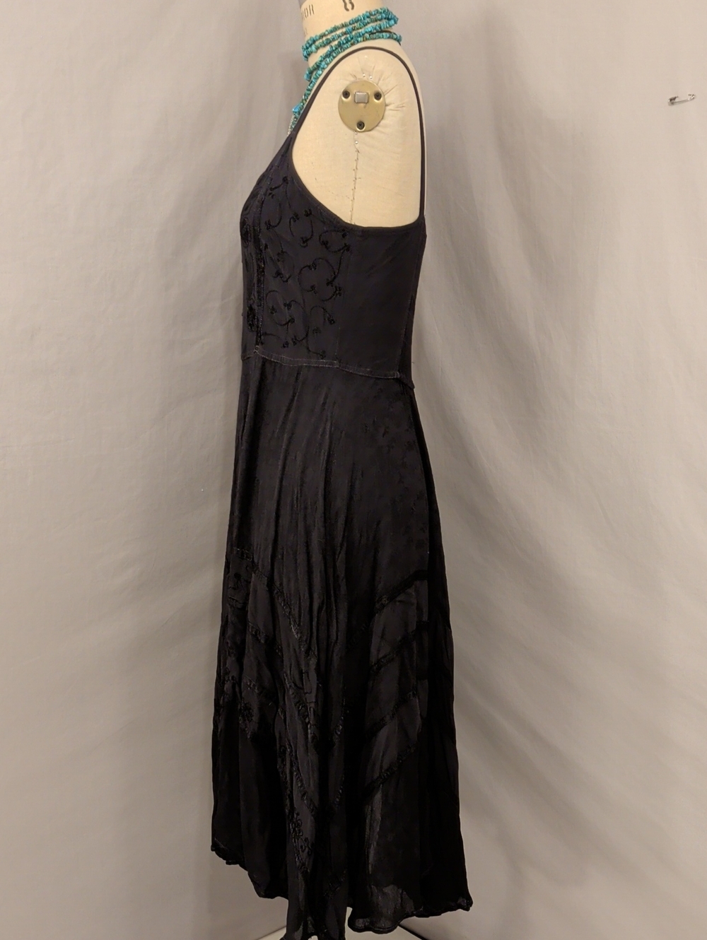 Bohemian Sleeveless Corset Lace Midi Dress Embroidered Vintage Black Full Skirt - Picture 4 of 16